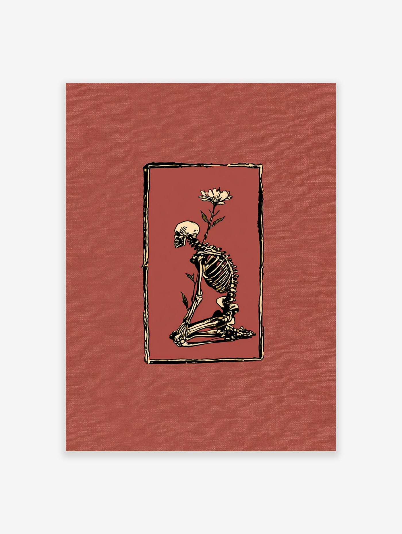 Skeleton kneeling with white flower illustration on terracotta background, unframed poster