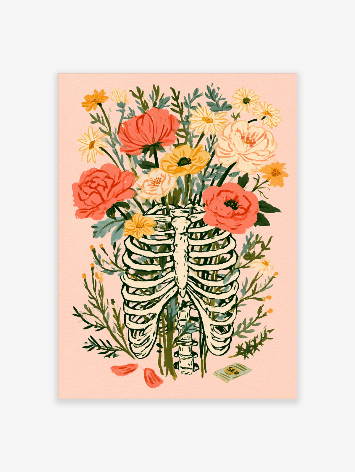 Skeleton ribcage filled with coral and yellow flowers on pink background art print