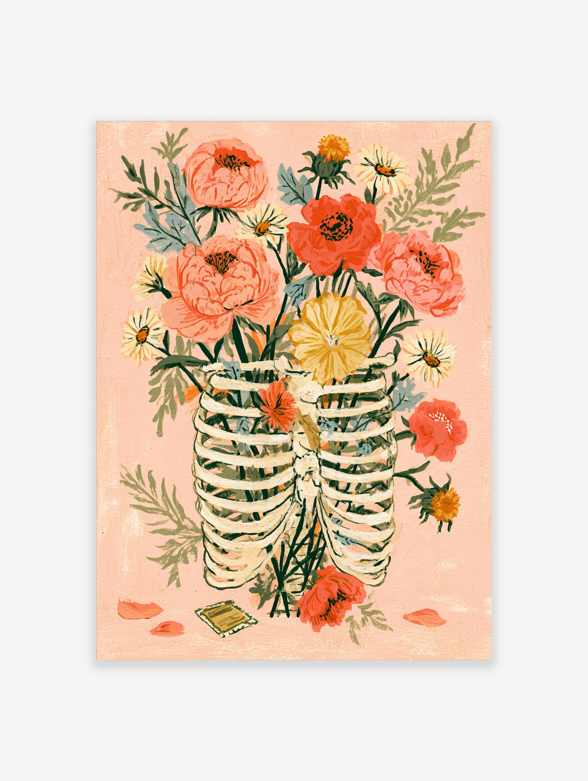 Skeleton ribcage vase holding pink peonies and yellow flowers on peach background poster