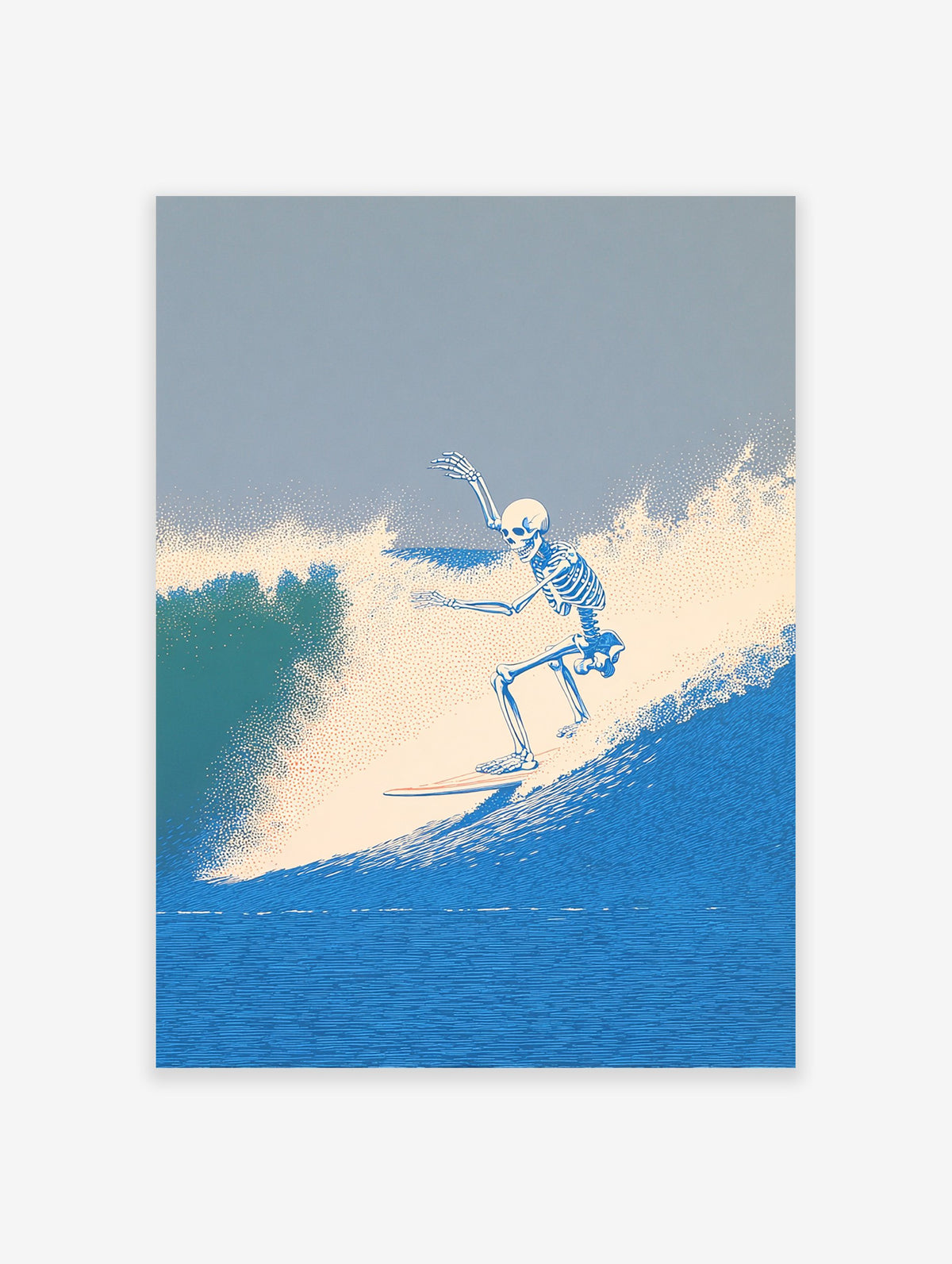 Skeleton surfer riding a blue ocean wave art print, with stippled texture for water and sky, vibrant coastal scene.