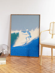 Skeleton surfer riding a blue ocean wave art print, with stippled texture for water and sky, vibrant coastal scene. - Image 2