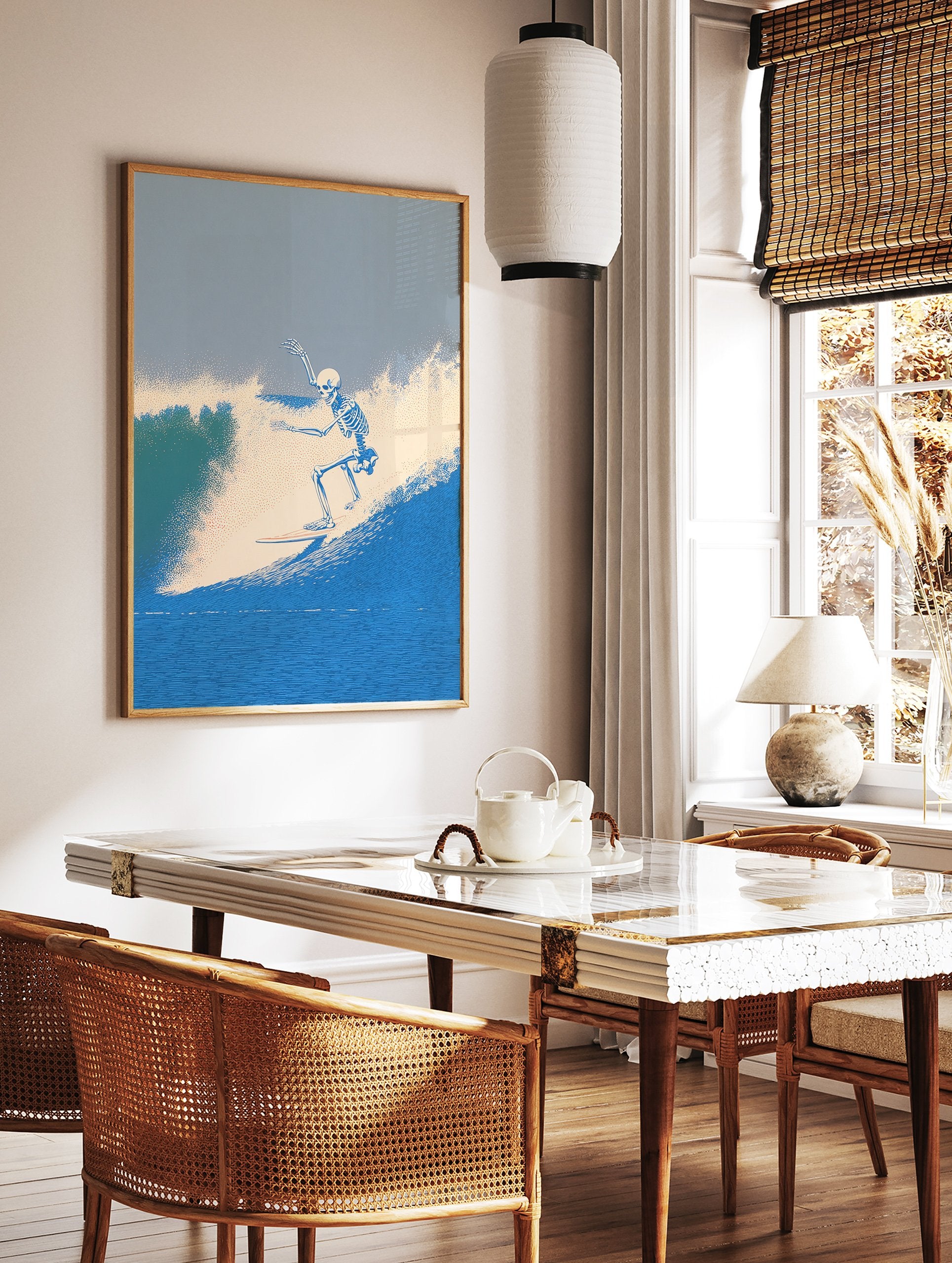 Skeleton surfer riding a blue ocean wave art print, with stippled texture for water and sky, vibrant coastal scene. - Image 3