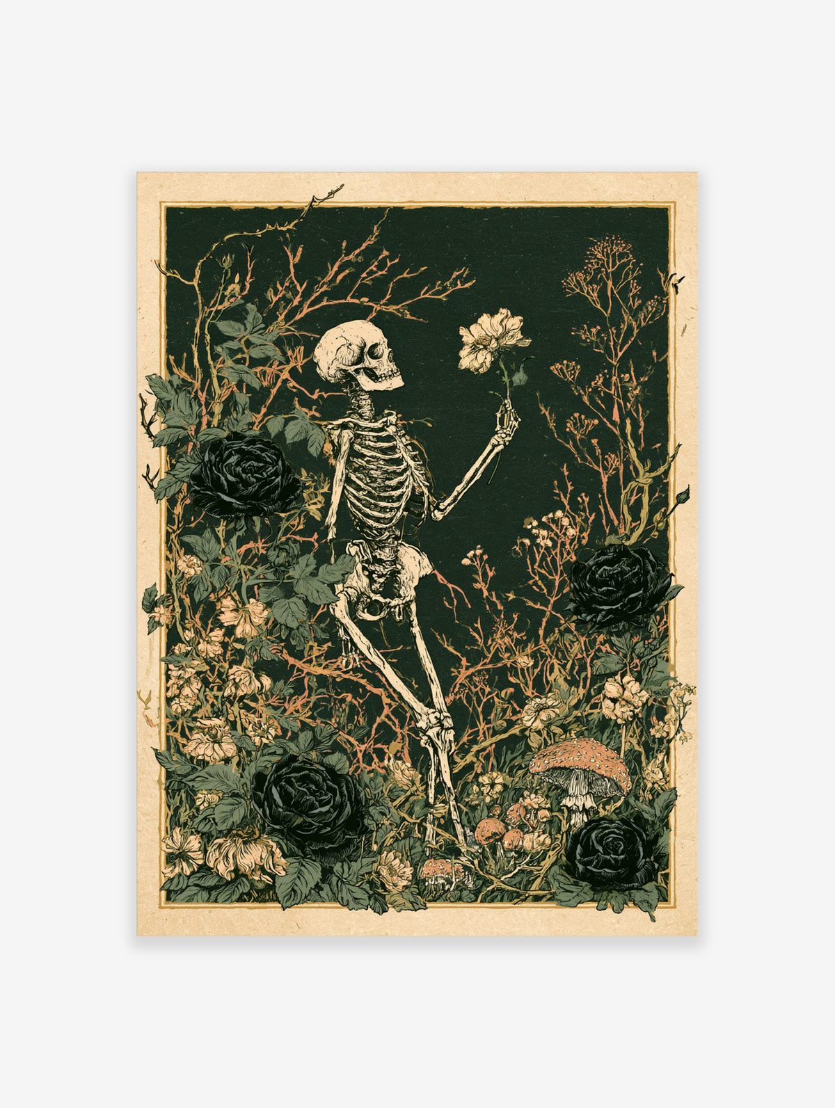 Skeleton holding a pale rose among black roses and mushrooms on a dark green background