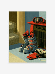 Illustrative wall art of blue ski boots, red goggles on a heater, and a red glove in a textured, winter-themed composition