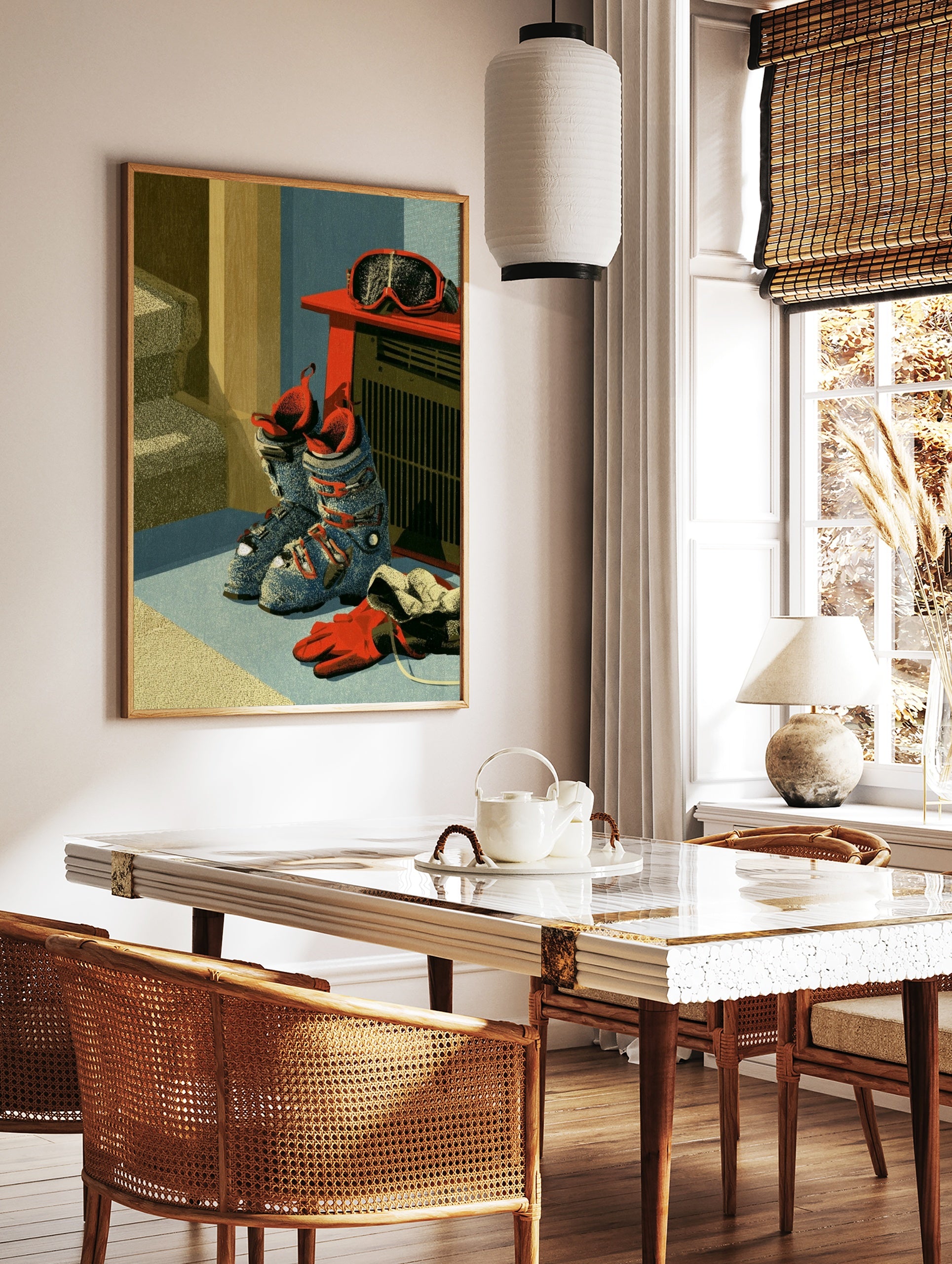 Illustrative wall art of blue ski boots, red goggles on a heater, and a red glove in a textured, in a styled room mockup