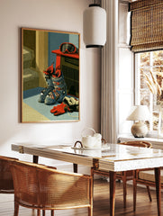 Illustrative wall art of blue ski boots, red goggles on a heater, and a red glove in a textured, in a styled room mockup