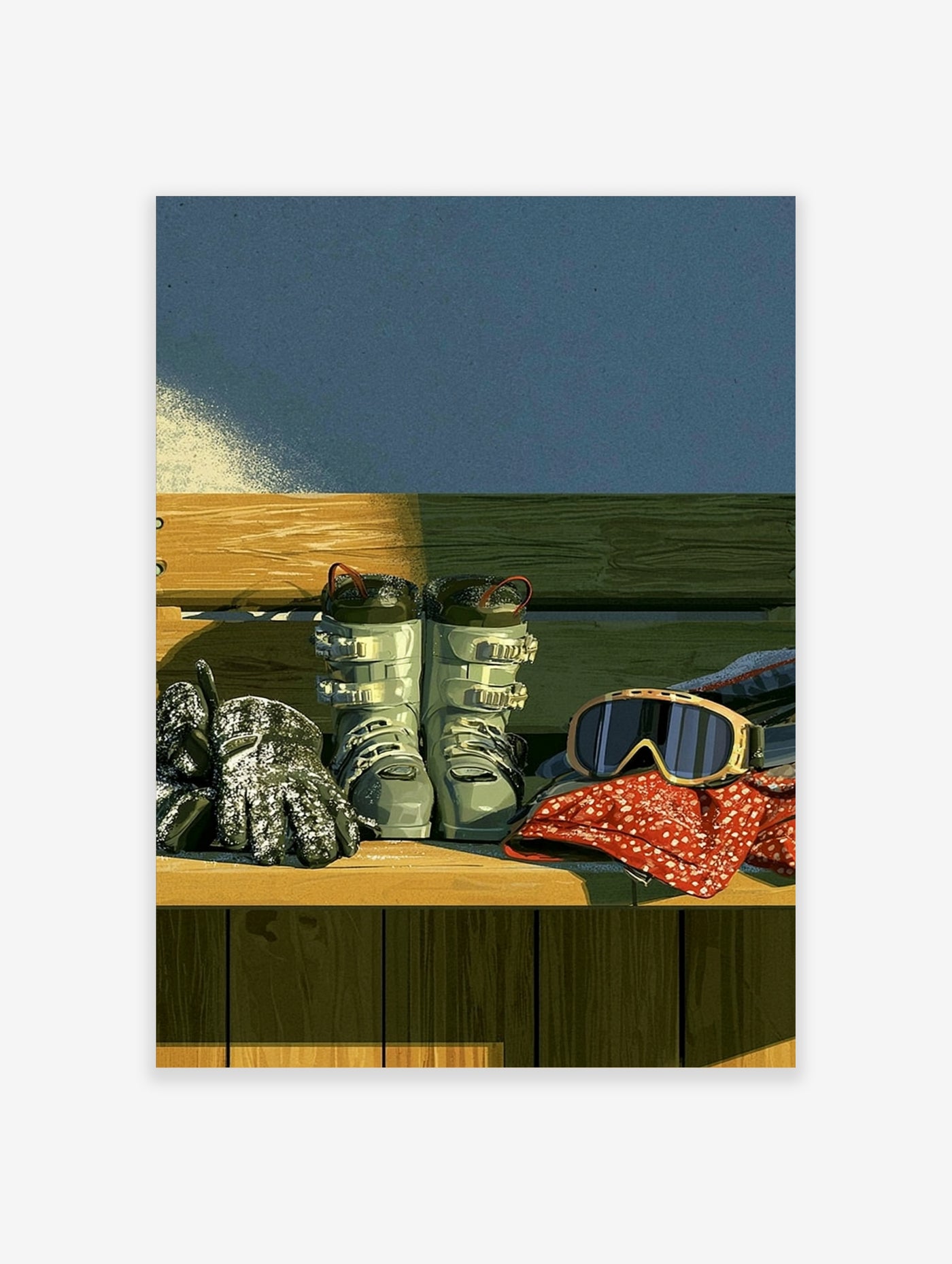 Ski boots, gloves, and goggles on a wooden bench, winter sports art print