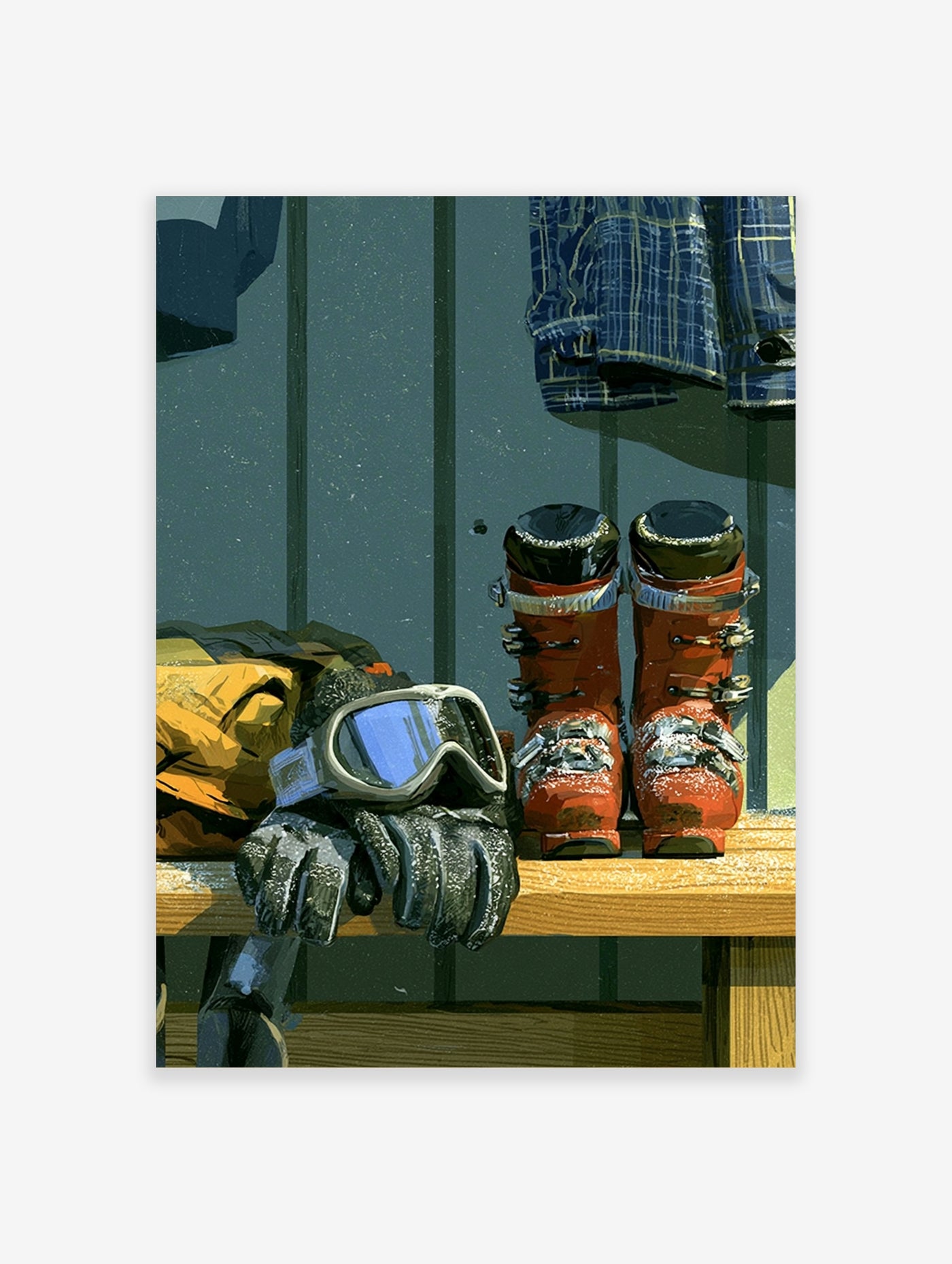 Close-up of red ski boots, goggles, and gloves on a wooden bench, winter sports art print