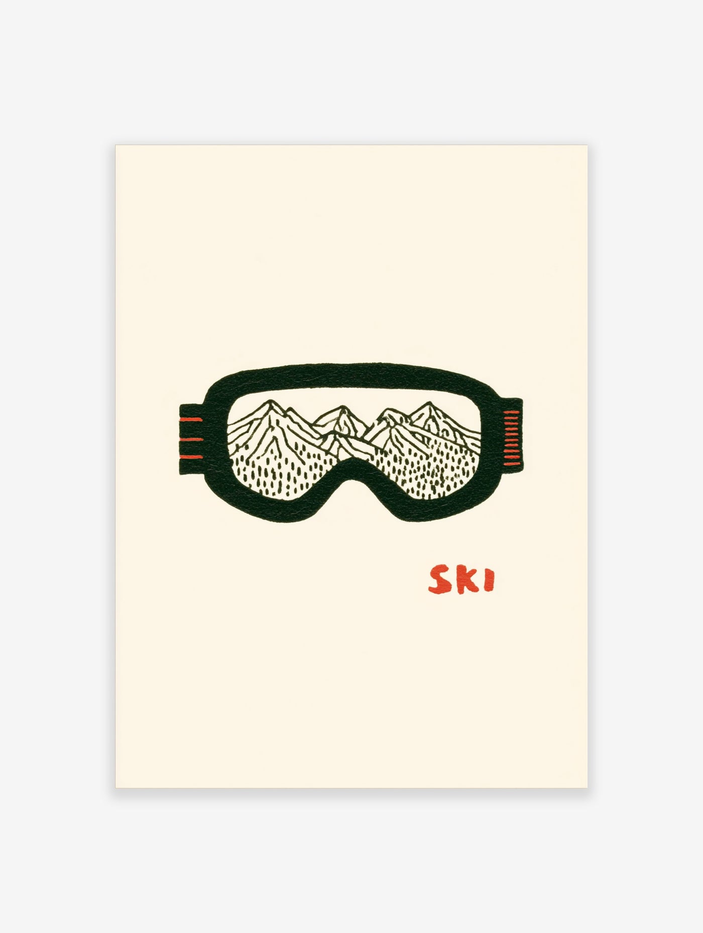 Ski goggles with mountain landscape and pine trees, red SKI text, black and white illustration on cream background