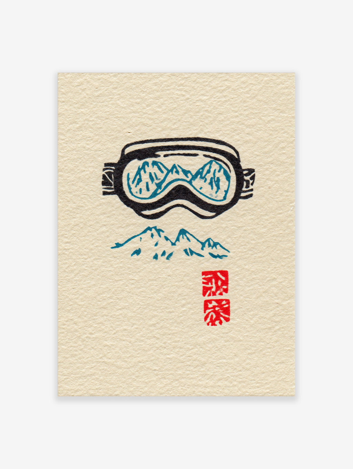 Ski goggles with mountain reflections and blue mountain range with red seal stamp on beige background