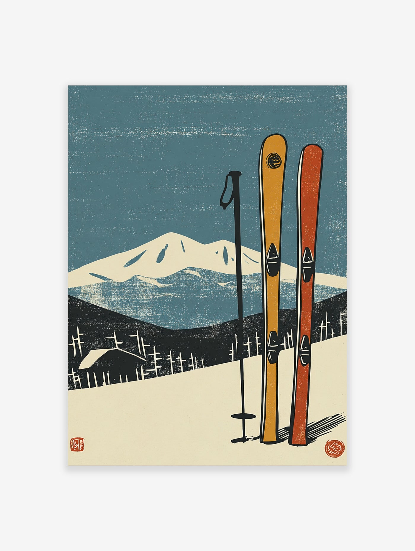 Vintage ski poster with yellow and red skis, pole, and snowy mountain landscape