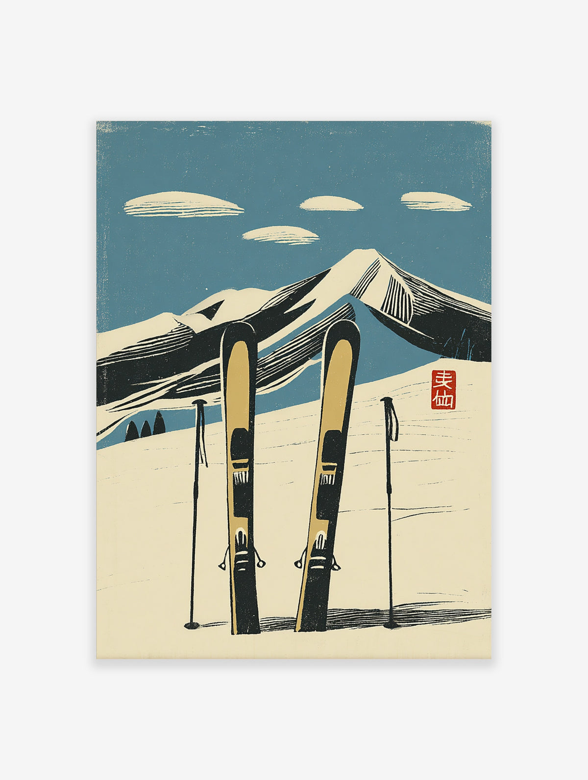 Vintage ski print with two skis and poles, snowy mountain, blue sky, red seal stamp