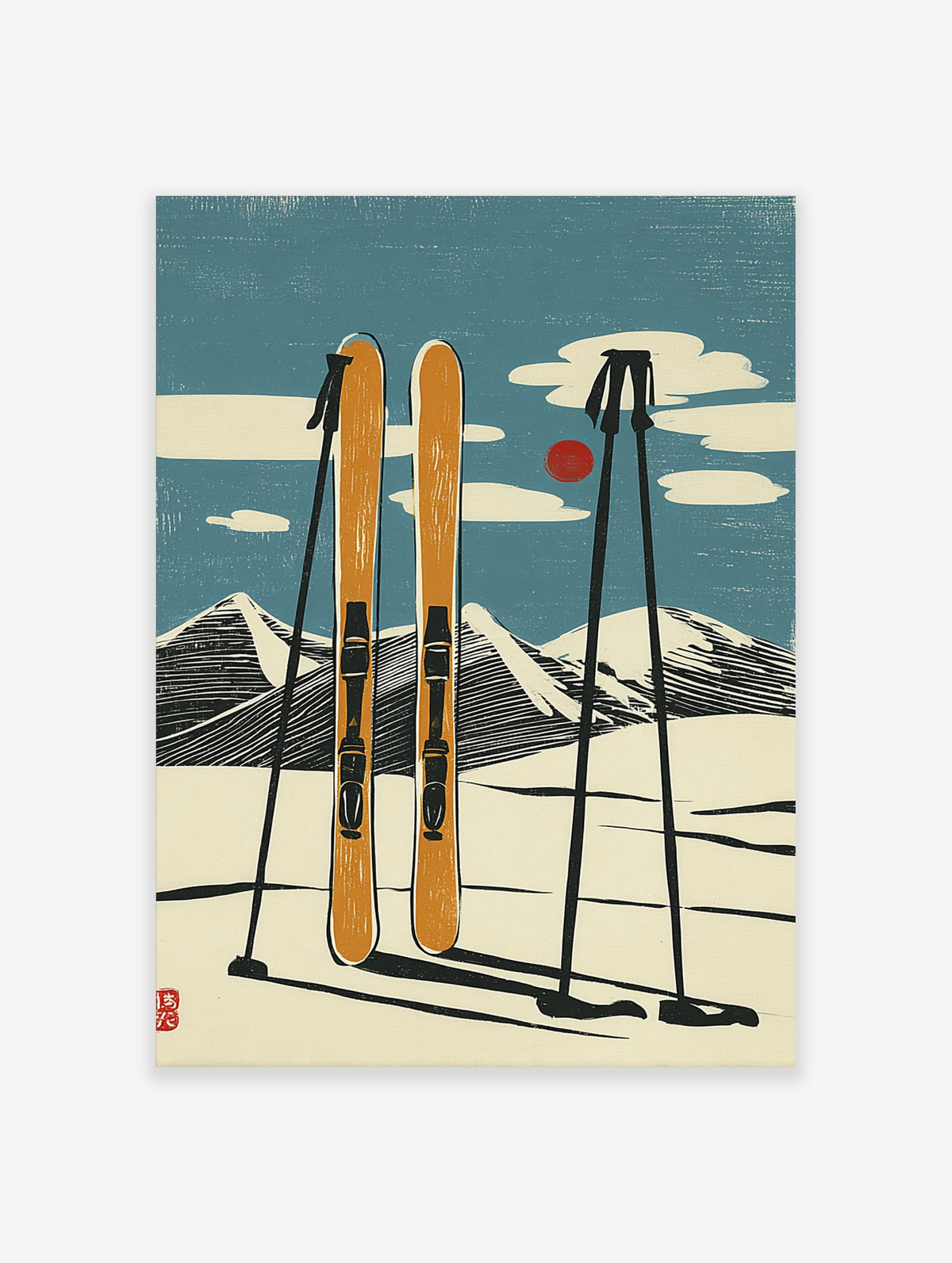 Retro ski print with orange skis, black poles, snowy mountains, red sun, and teal sky