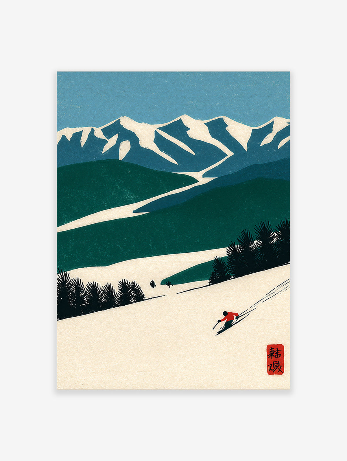 Japanese woodblock ski slope print with red-jacketed skier, pine trees, and snow-capped mountains