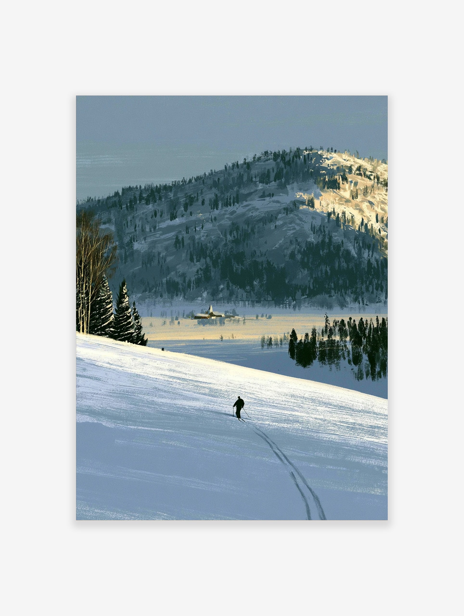 Illustrative art print of a lone skier on a vast snow-covered mountain landscape with blue and golden tones