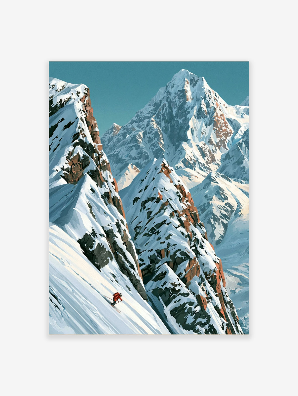 Illustrative mountain wall art print featuring a lone skier in a red jacket on a steep snowy peak under a blue sky