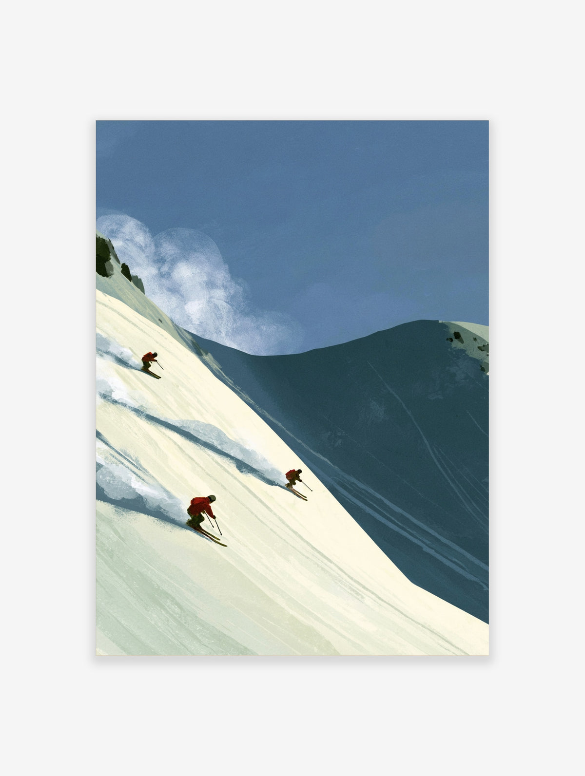 Illustrative wall art of three skiers in red jackets descending a steep snowy mountain slope with blue shadows