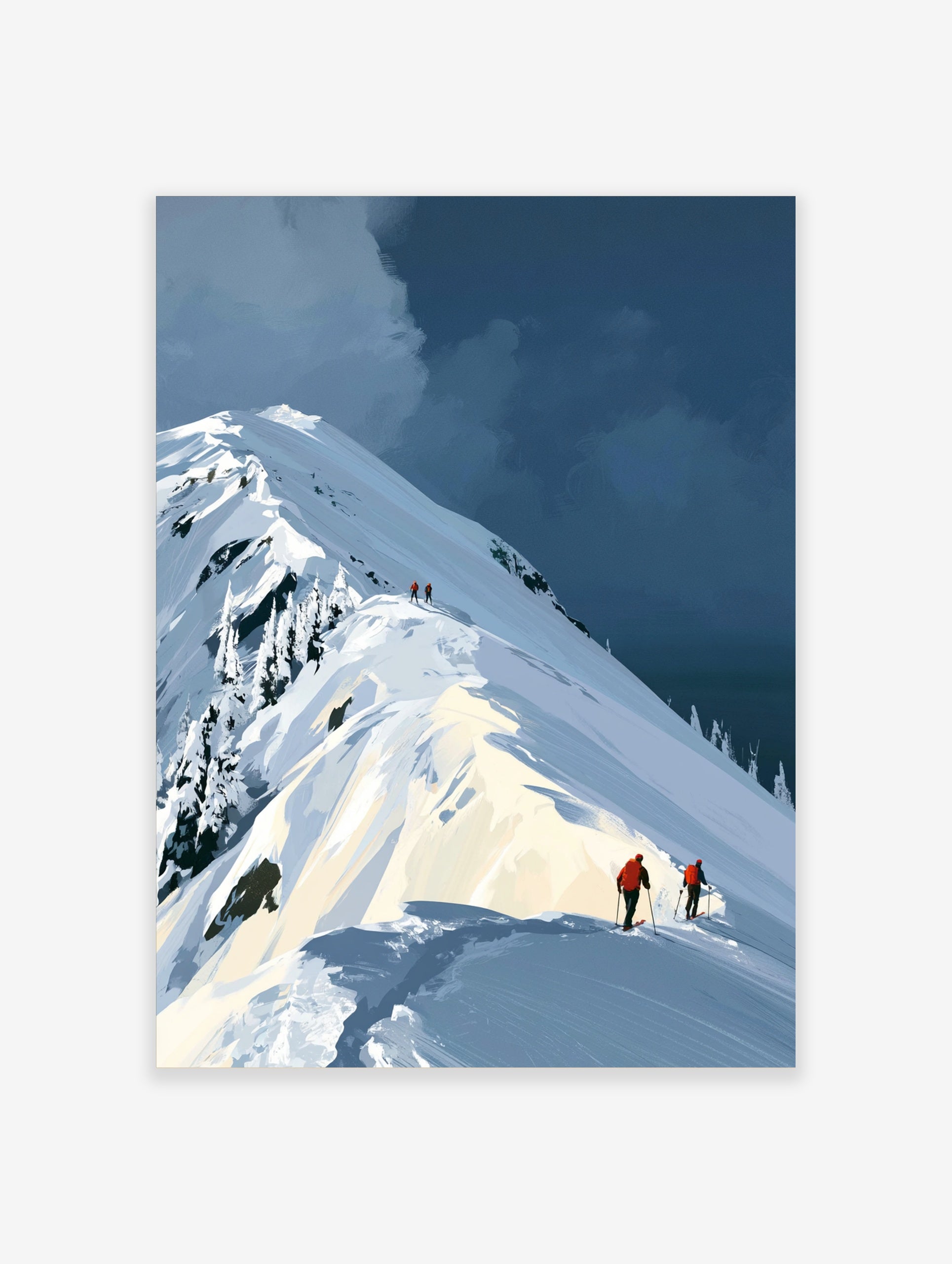 Illustrative mountain landscape art print featuring skiers in orange jackets on a snowy ridge under a dark blue storm sky