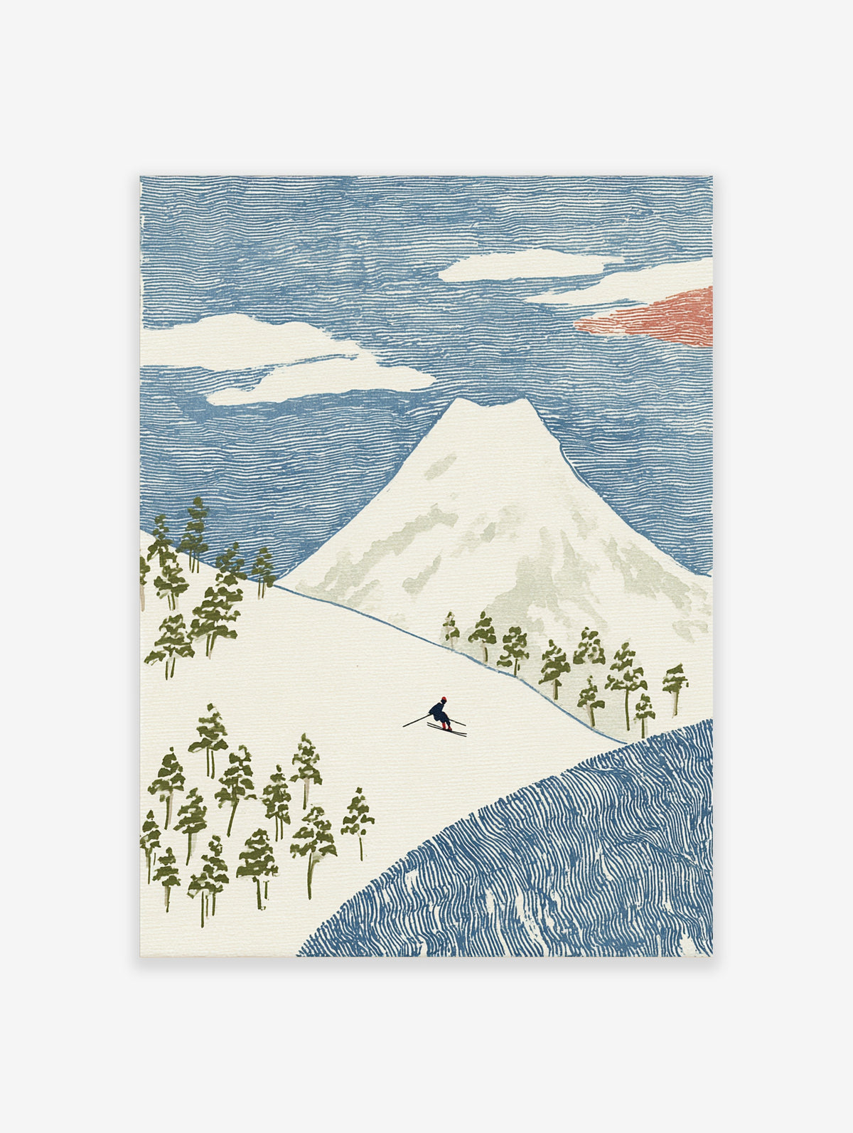 Japanese woodblock style skiing poster with skier, snowy mountain, pine trees, and blue line sky