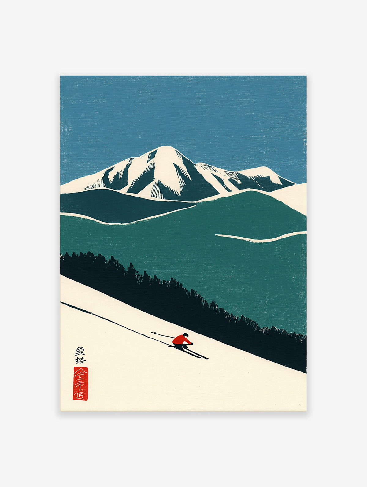 Japanese woodblock style ski print of a red-jacketed skier on a white slope below snow-capped mountains and pine trees