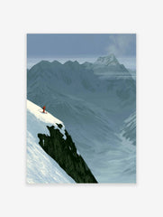 Minimalist illustration of a skier on a snowy mountain cliff edge, blue mountain background, red ski suit