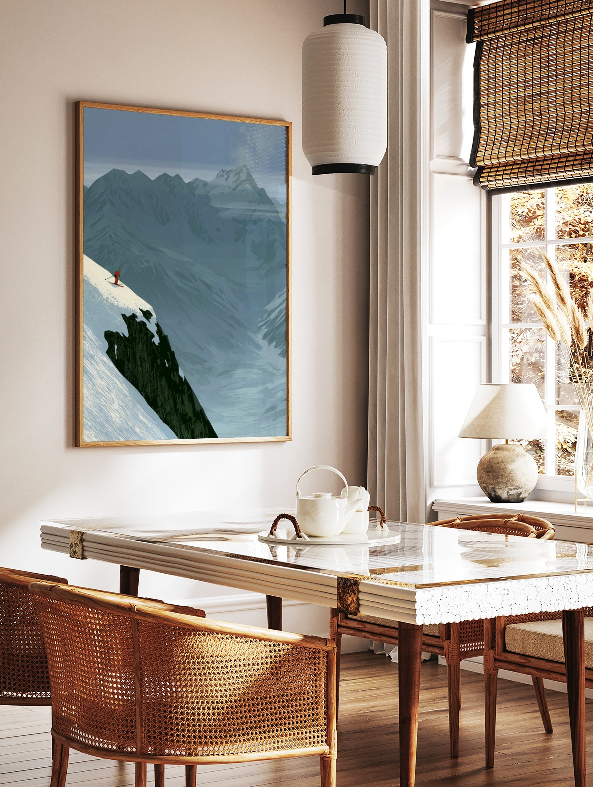Minimalist illustration of a skier on a snowy mountain cliff edge, blue mountain background, red, in a styled room mockup