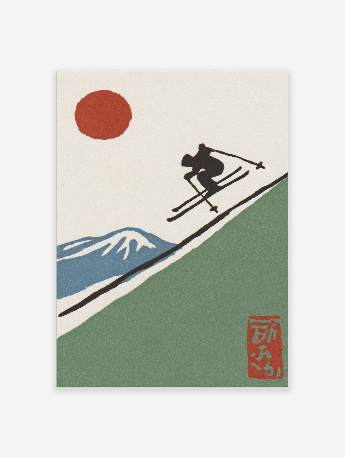 Japanese woodblock style skiing poster with black skier silhouette, red sun, and blue mountain