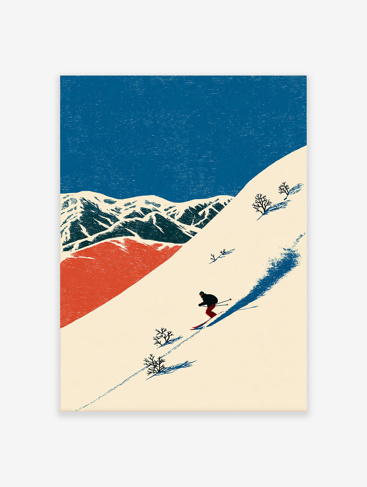 Retro skiing poster of a skier in black and red on a cream slope with snowy mountains and blue sky