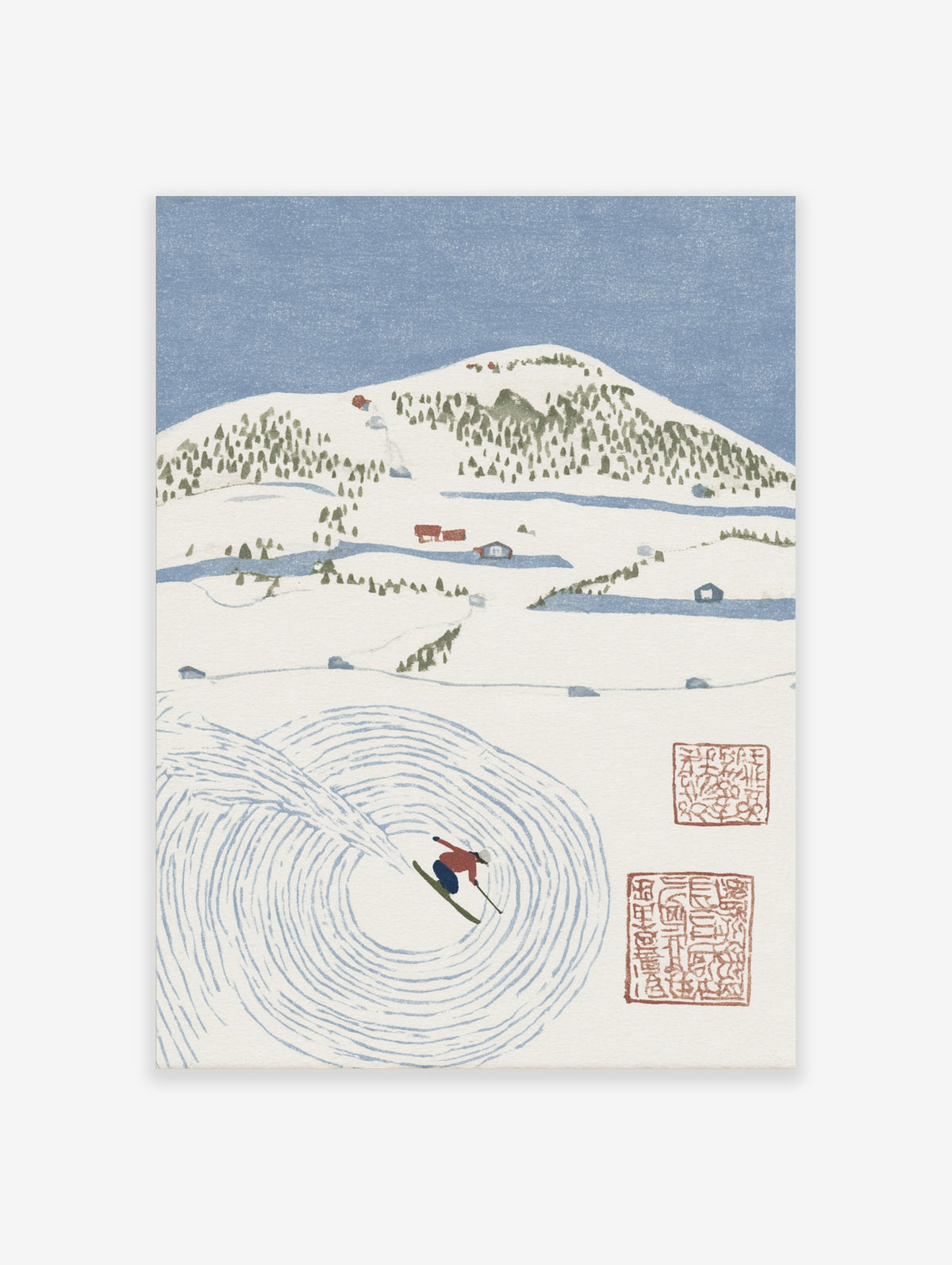 Skiing poster of a skier carving tracks on a snowy mountain with pine trees and a cabin