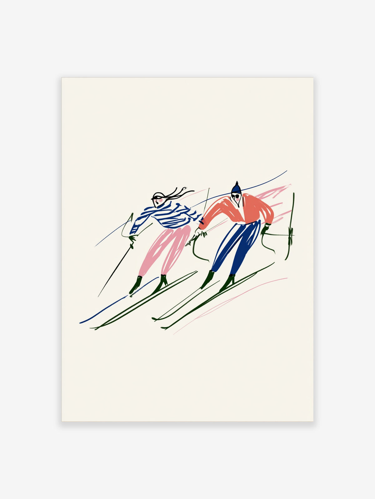 Retro ski poster of two skiers in striped and coral jackets on dark green skis against a cream background