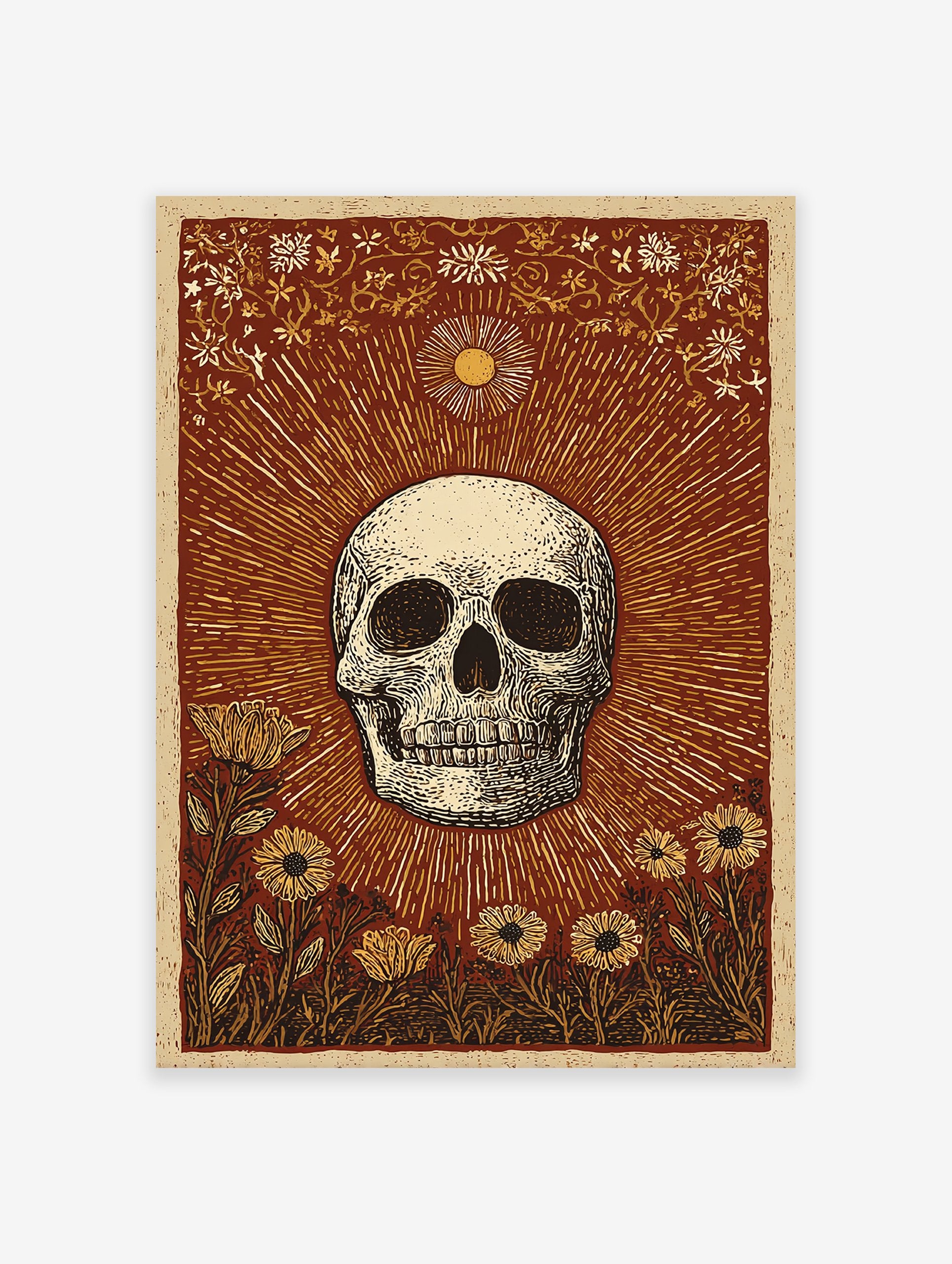 Skull and Sun poster with botanical illustration in reddish-brown, cream, and yellow, featuring a skull, sun rays, and flowers.