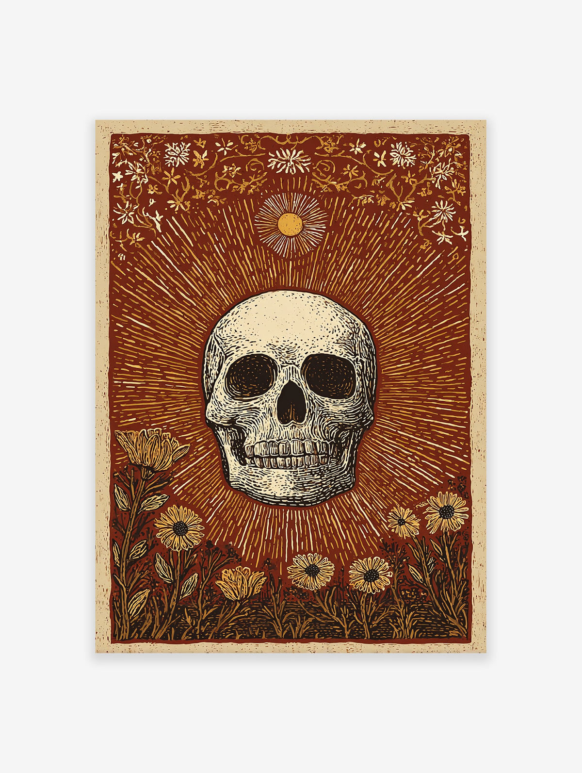 Skull and Sun poster with botanical illustration in reddish-brown, cream, and yellow, featuring a skull, sun rays, and flowers.