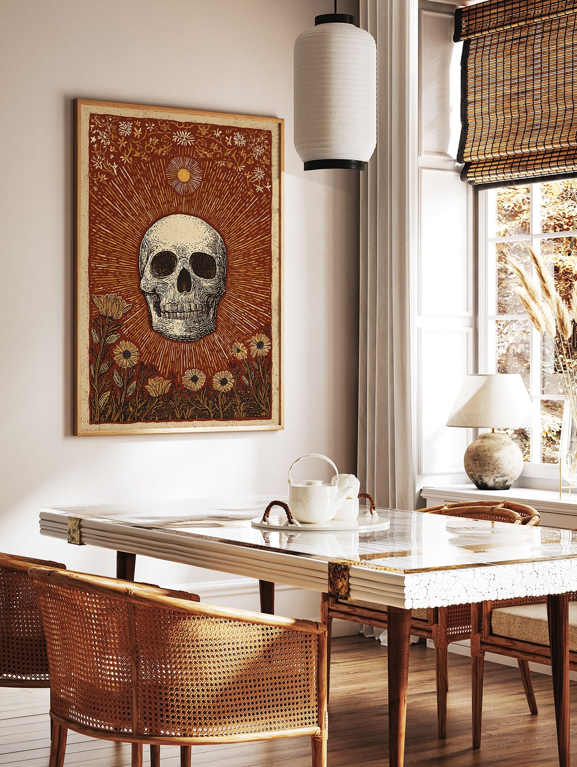 Skull and Sun poster with botanical illustration in reddish-brown, cream, and yellow, featuring a skull, sun rays, and flowers. - Image 2