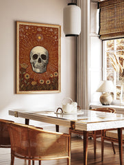 Skull and Sun poster with botanical illustration in reddish-brown, cream, and yellow, featuring a skull, sun rays, and flowers. - Image 2