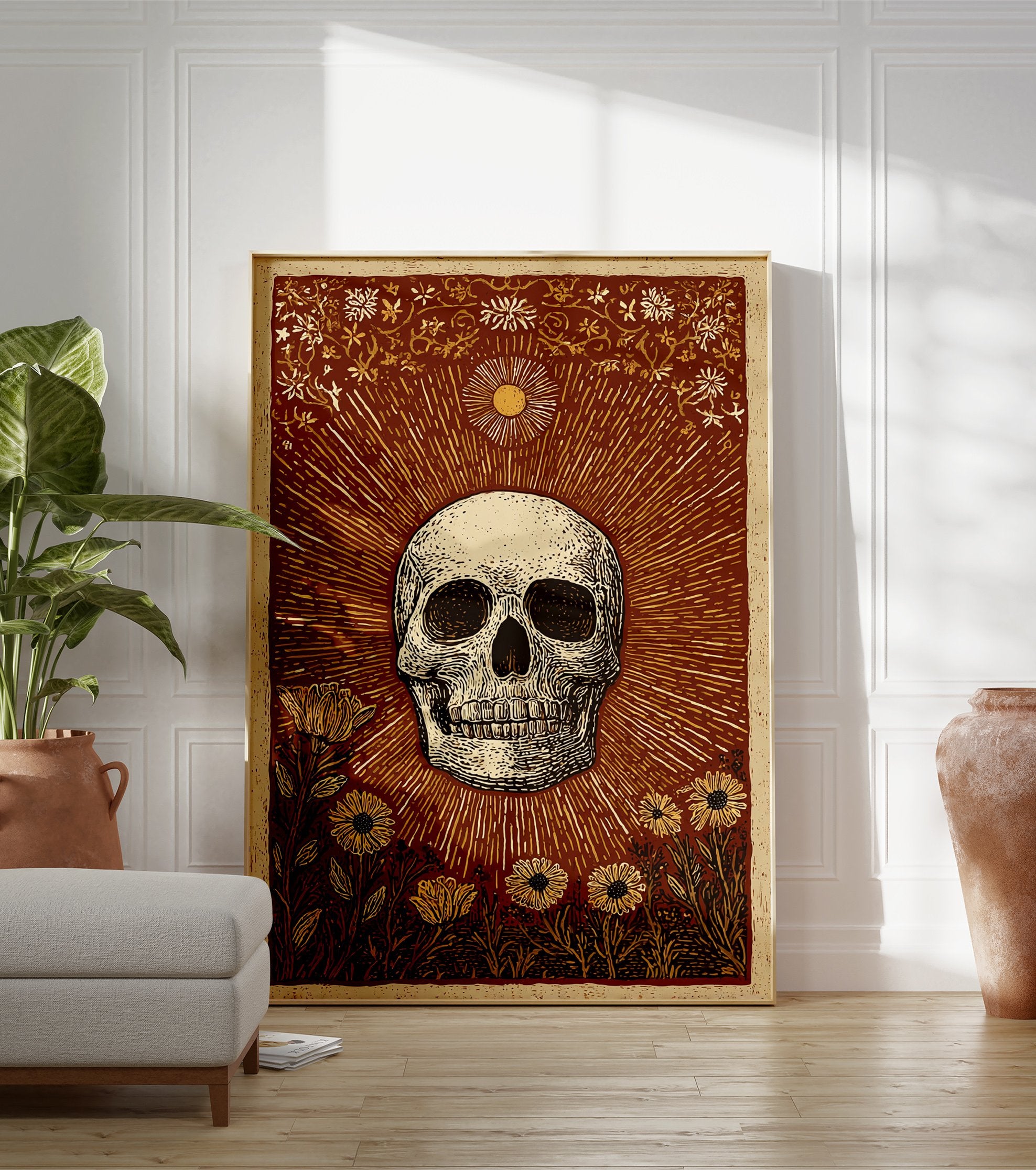 Skull and Sun poster with botanical illustration in reddish-brown, cream, and yellow, featuring a skull, sun rays, and flowers. - Image 3