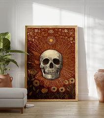 Skull and Sun poster with botanical illustration in reddish-brown, cream, and yellow, featuring a skull, sun rays, and flowers. - Image 3