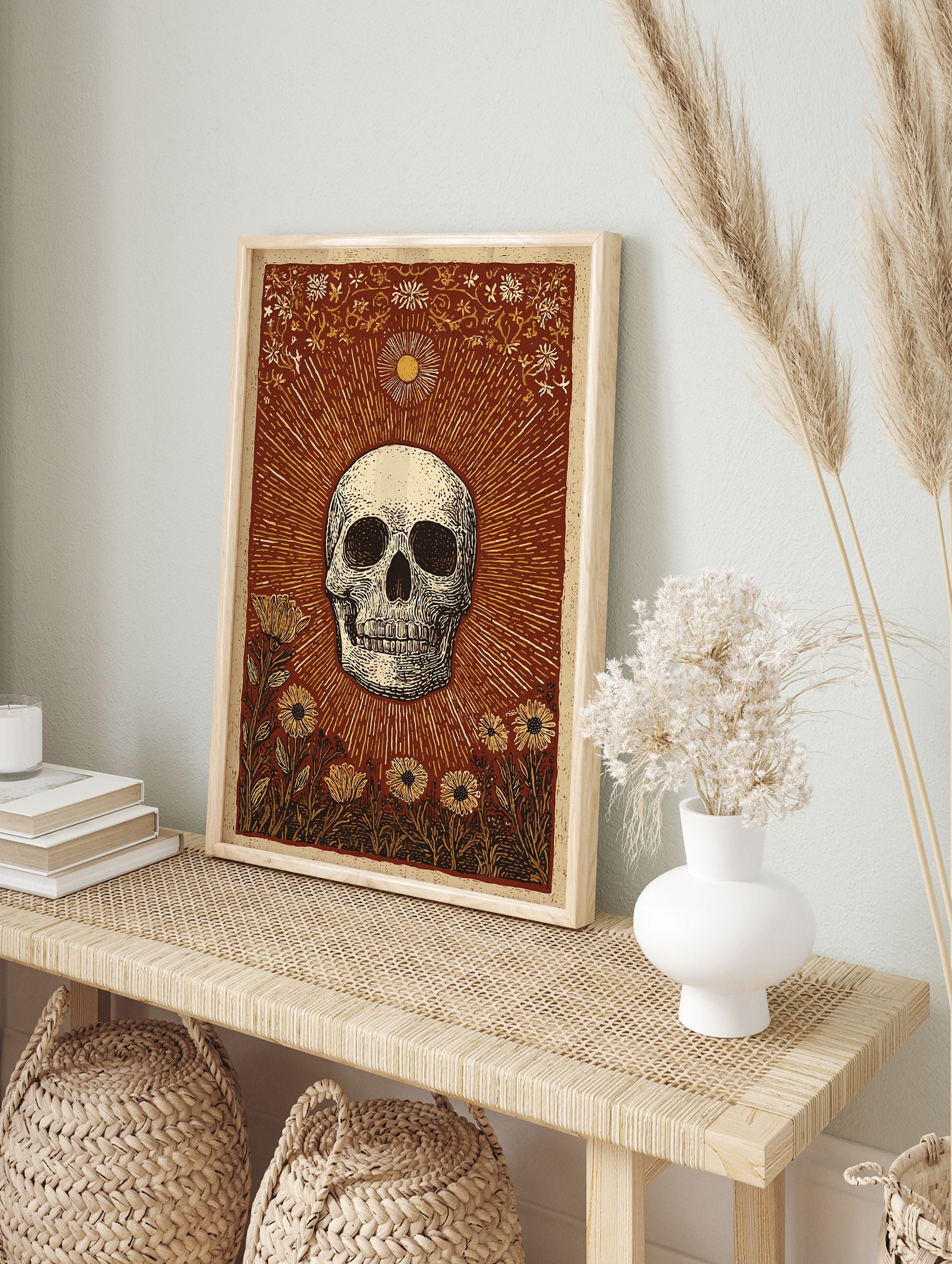 Skull and Sun poster with botanical illustration in reddish-brown, cream, and yellow, featuring a skull, sun rays, and flowers. - Image 4