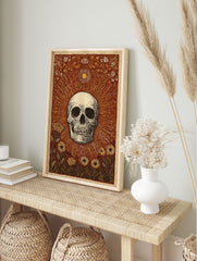 Skull and Sun poster with botanical illustration in reddish-brown, cream, and yellow, featuring a skull, sun rays, and flowers. - Image 4