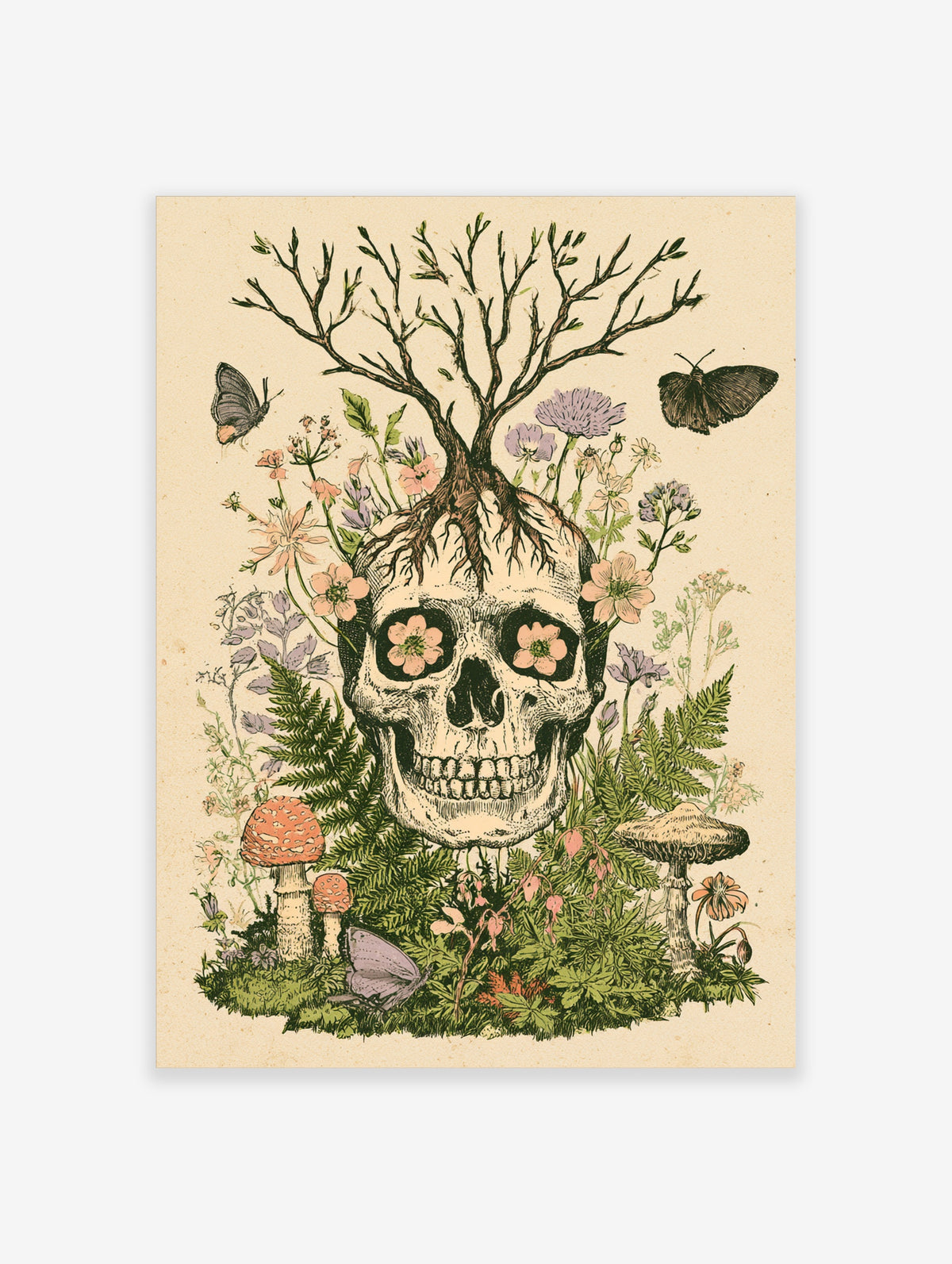 Vintage skull illustration with tree growing from crown, pink flowers in eye sockets, ferns, mushrooms, and butterflies