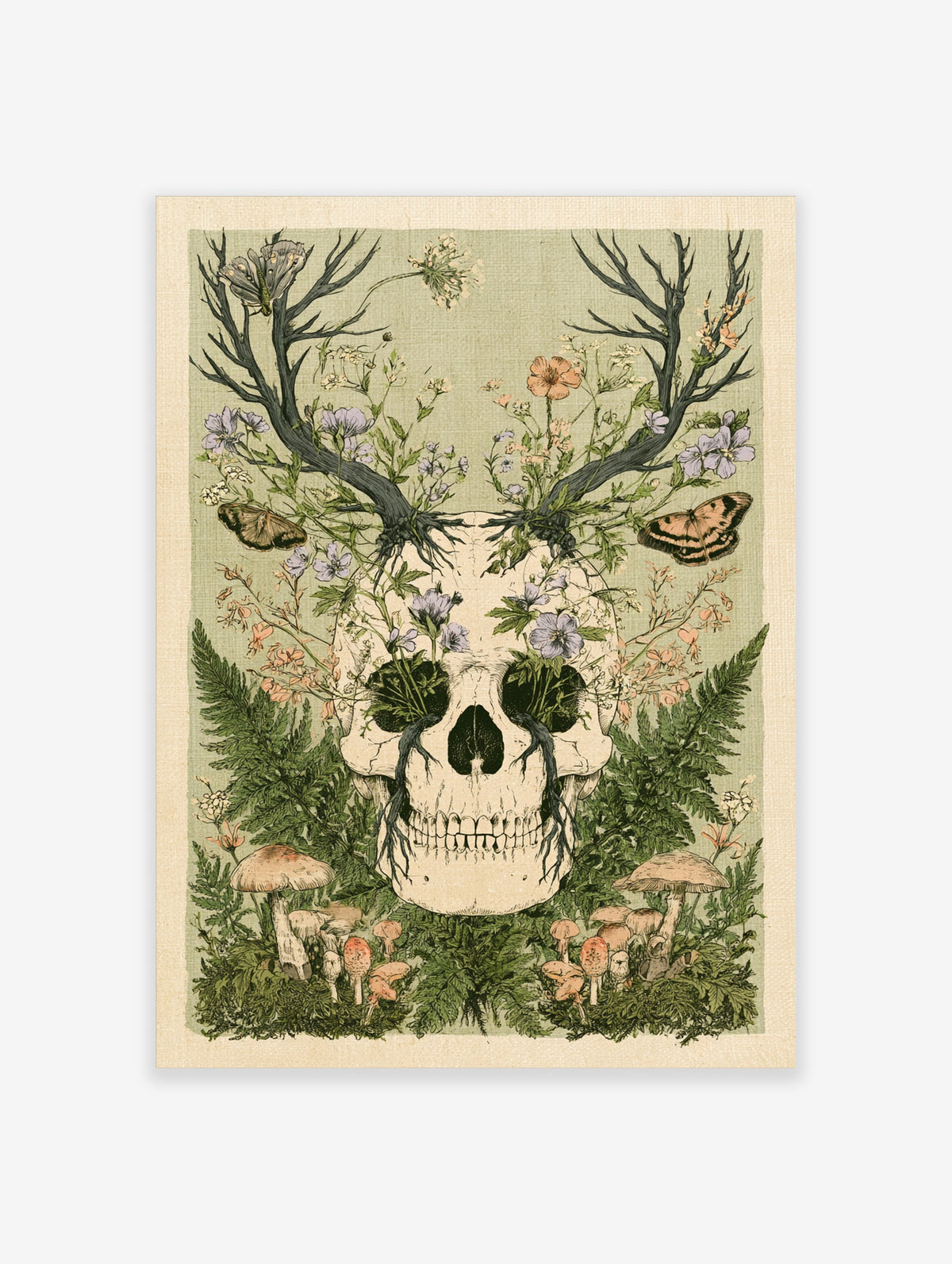 Vintage skull with antlers, purple flowers, butterflies and mushrooms on green background art print
