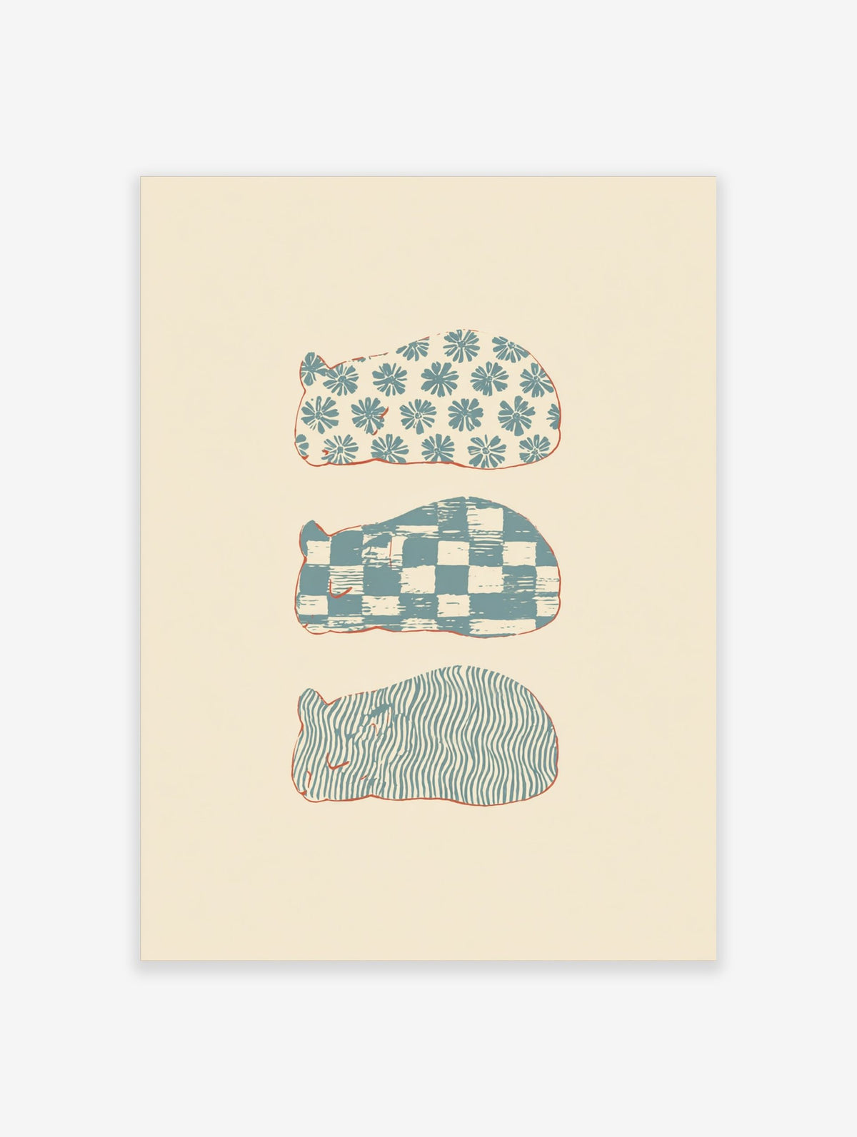 Three stylised sleeping animal shapes with blue floral, checkerboard, and wavy patterns on a cream background