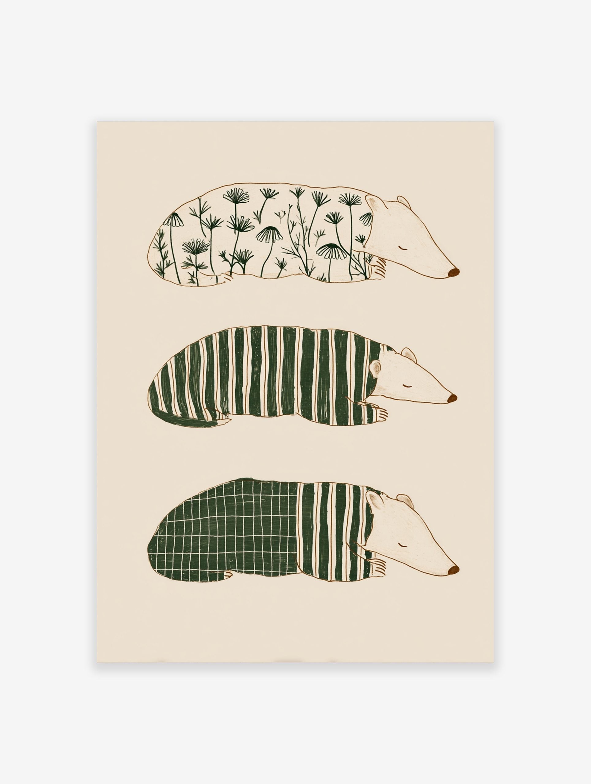 Three illustrative sleeping badger-like animals with botanical, striped, and grid patterns on a pale background