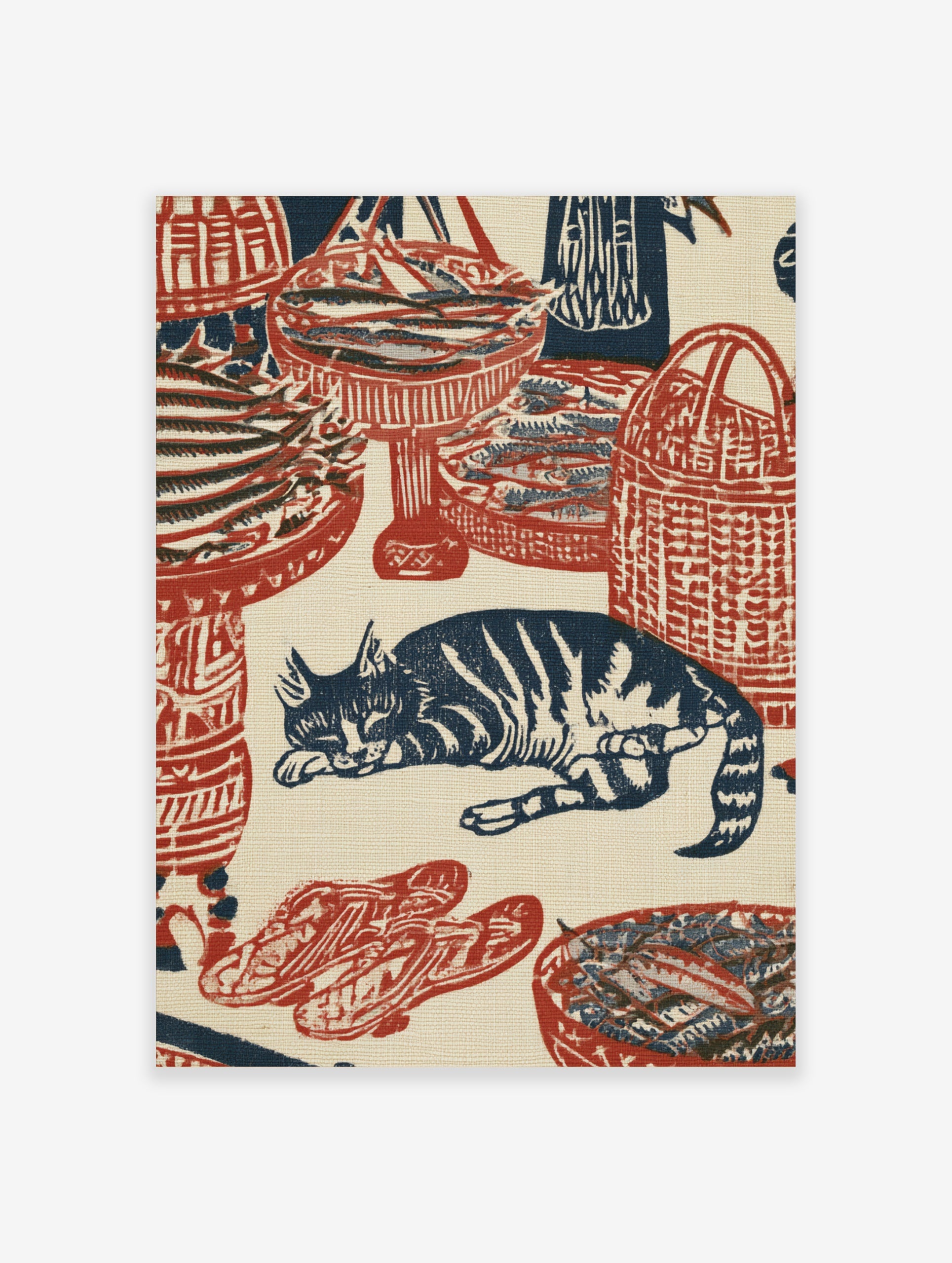 Woodblock style print featuring a sleeping cat surrounded by woven baskets of fish in red and navy blue ink