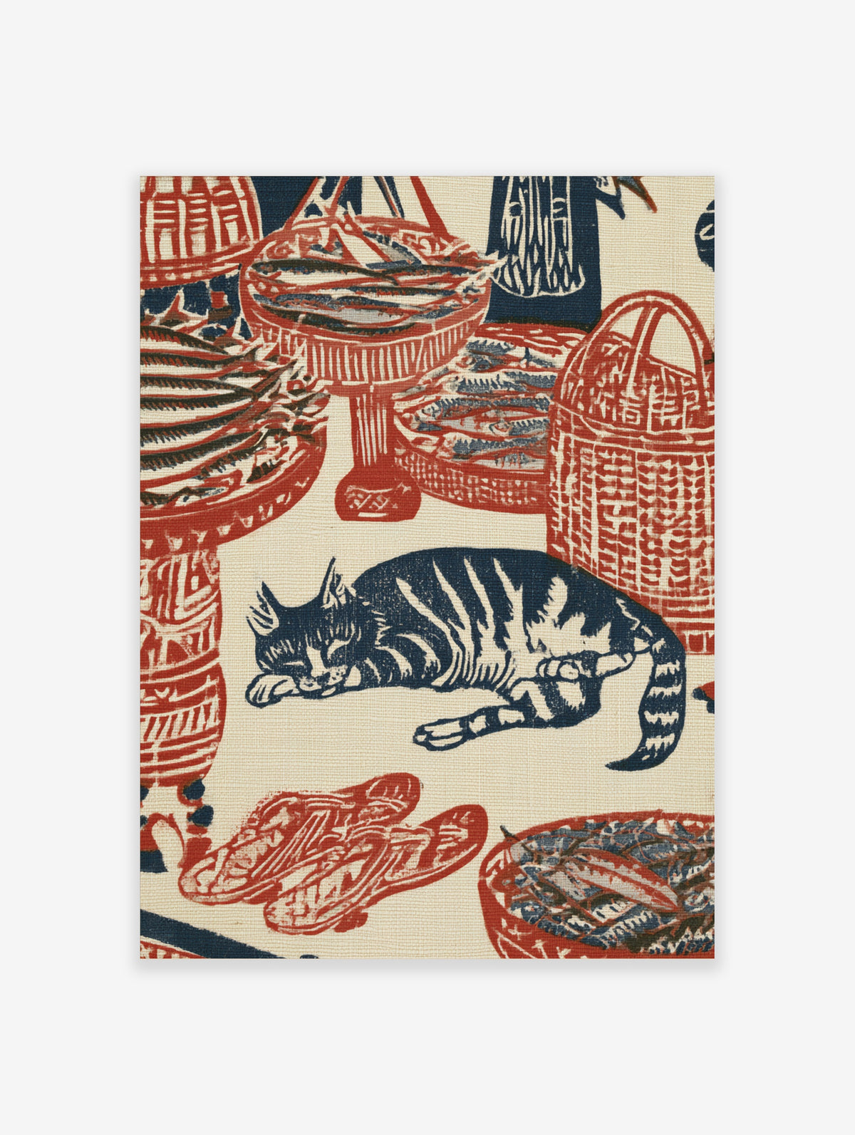 Woodblock style print featuring a sleeping cat surrounded by woven baskets of fish in red and navy blue ink