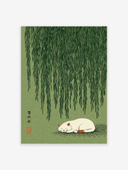 Sleeping cat art poster under green willow tree branches with Japanese calligraphy on a light green background.