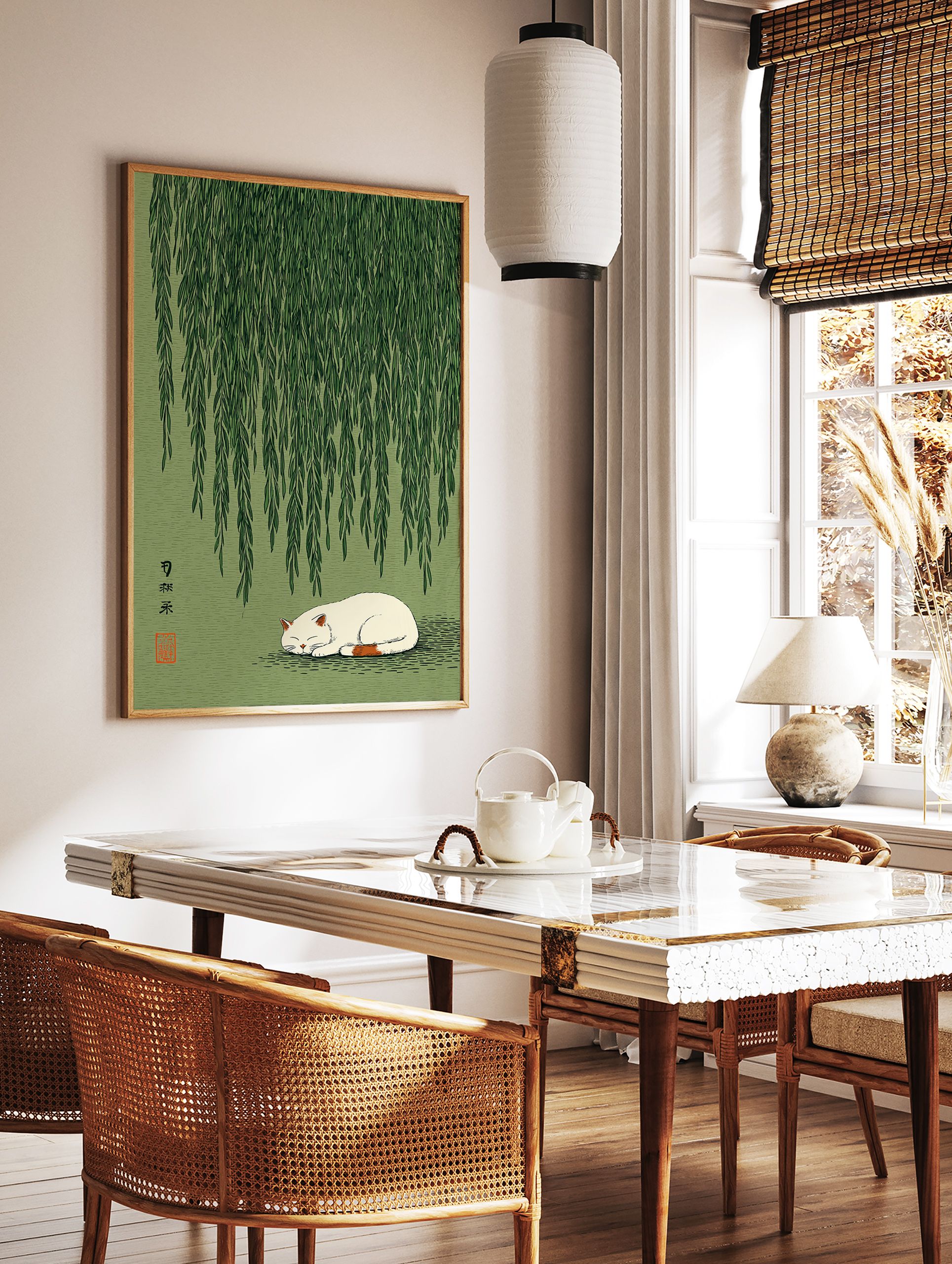 Sleeping cat art poster under green willow tree branches with Japanese calligraphy on a light green background. - Image 2