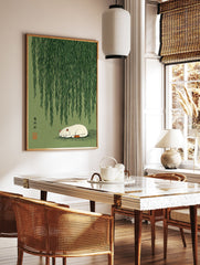 Sleeping cat art poster under green willow tree branches with Japanese calligraphy on a light green background. - Image 2