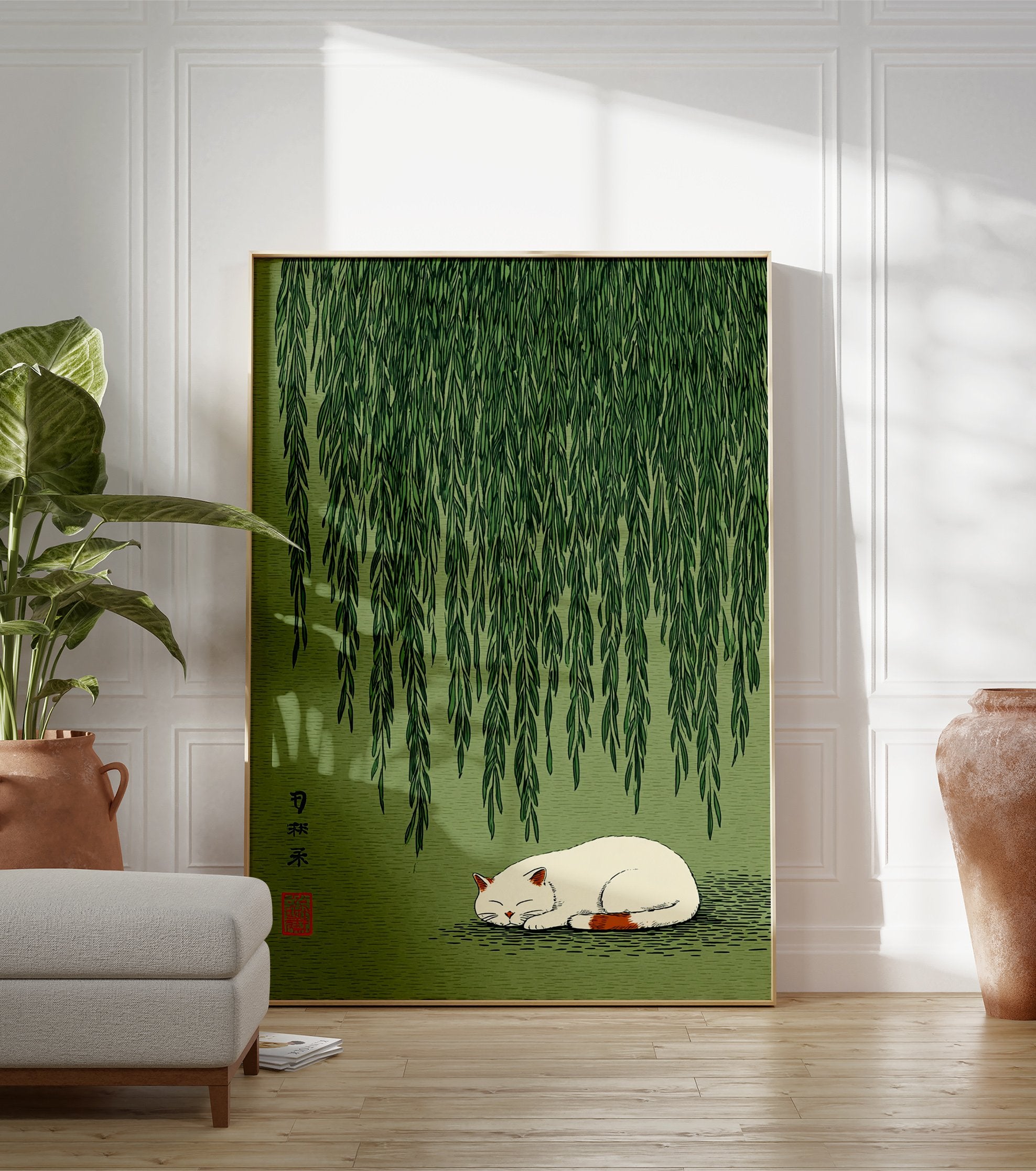Sleeping cat art poster under green willow tree branches with Japanese calligraphy on a light green background. - Image 3