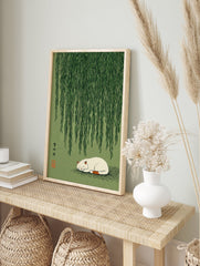 Sleeping cat art poster under green willow tree branches with Japanese calligraphy on a light green background. - Image 4