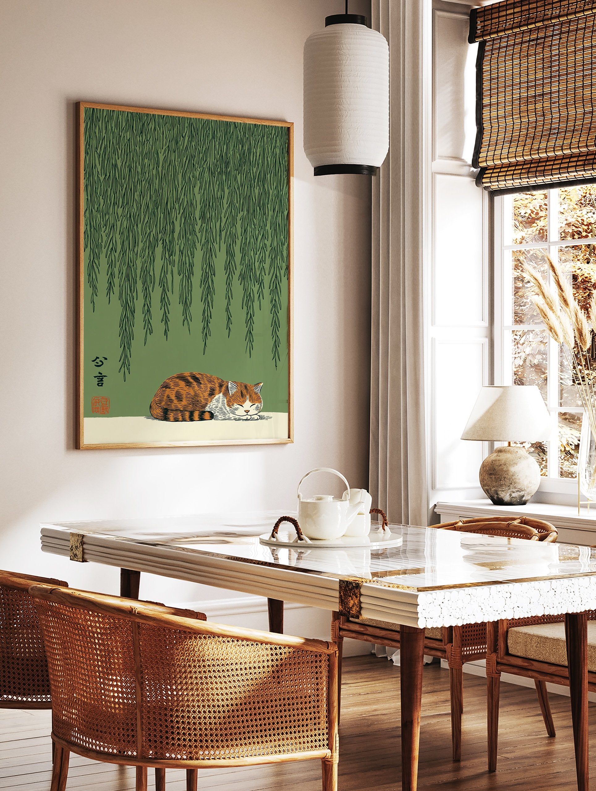 Japanese sleeping cat poster under green willow tree branches with traditional calligraphy and a red seal. - Image 2